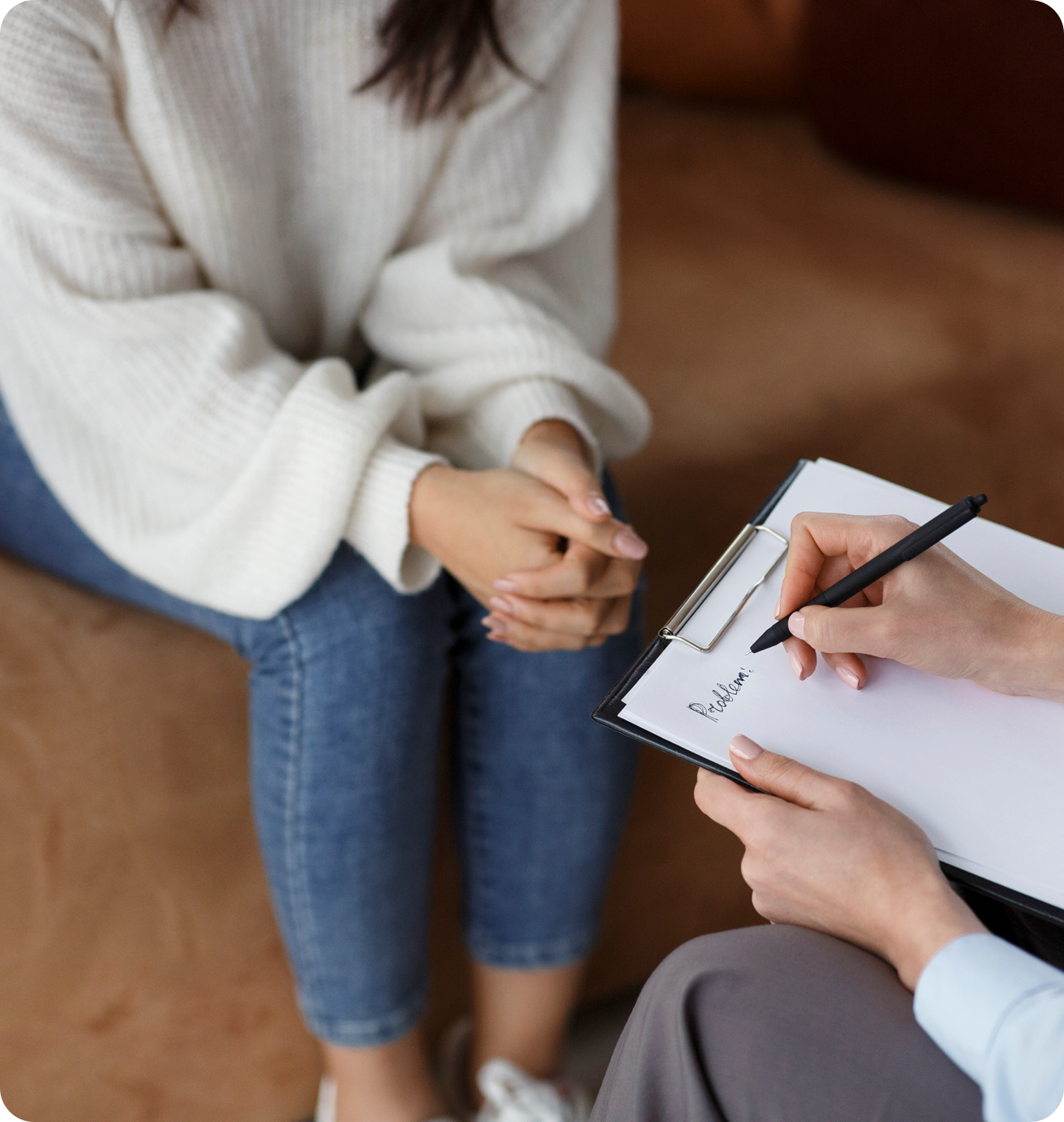 Woman feeling concern and anxiety during adult adhdtherapy session